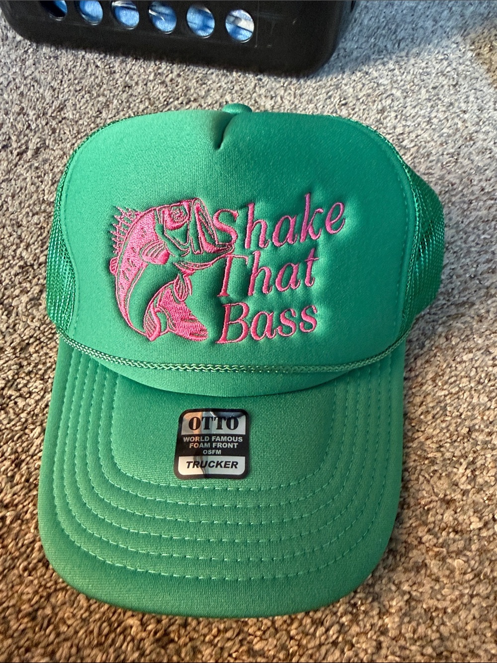 OTTO Green Trucker Hat with Pink 'Shake That Bass' Embroidery- No lice home